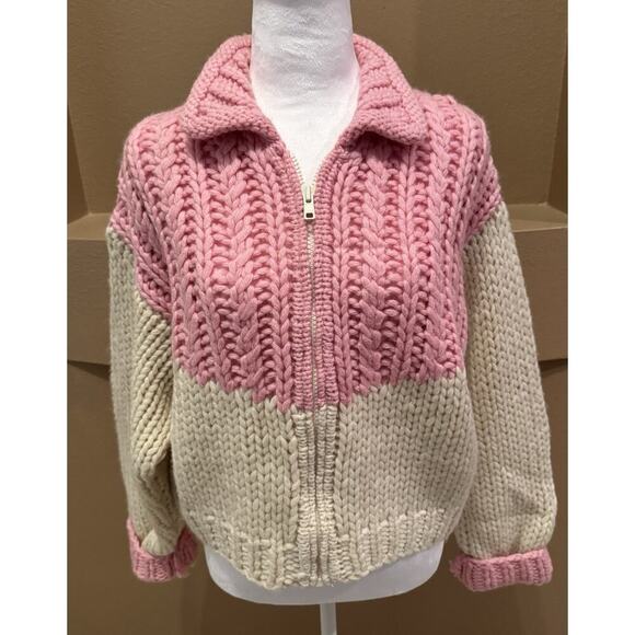 Aeropostale Hand Knit Cardigan Sweater Vtg Pink/Crm 100% Wool Y2K Size L - Picture 1 of 11